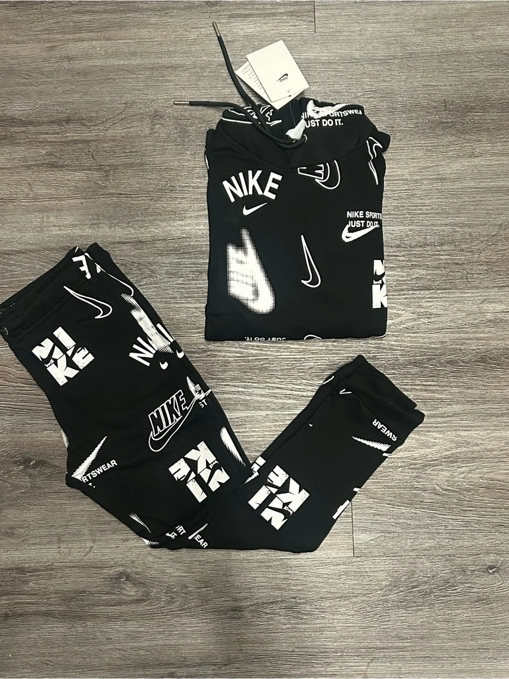 Nike Black Sweatpants & Hoodie Set with White Logo Print